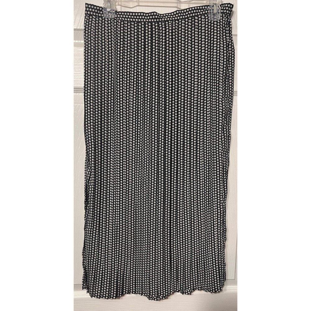 POPSUGAR Womens Star‎ Print Midi Skirt Black White Pleated Side Slit Large NEW